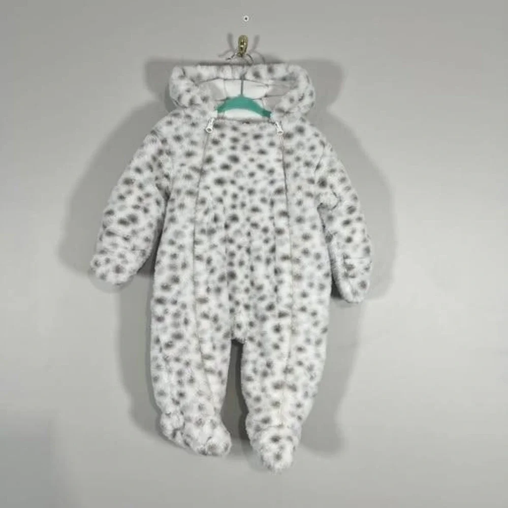 First Wish Snowsuit Baby Girl Infant 9-12 Mon Leopard Print Faux Fur Snow Bib‎